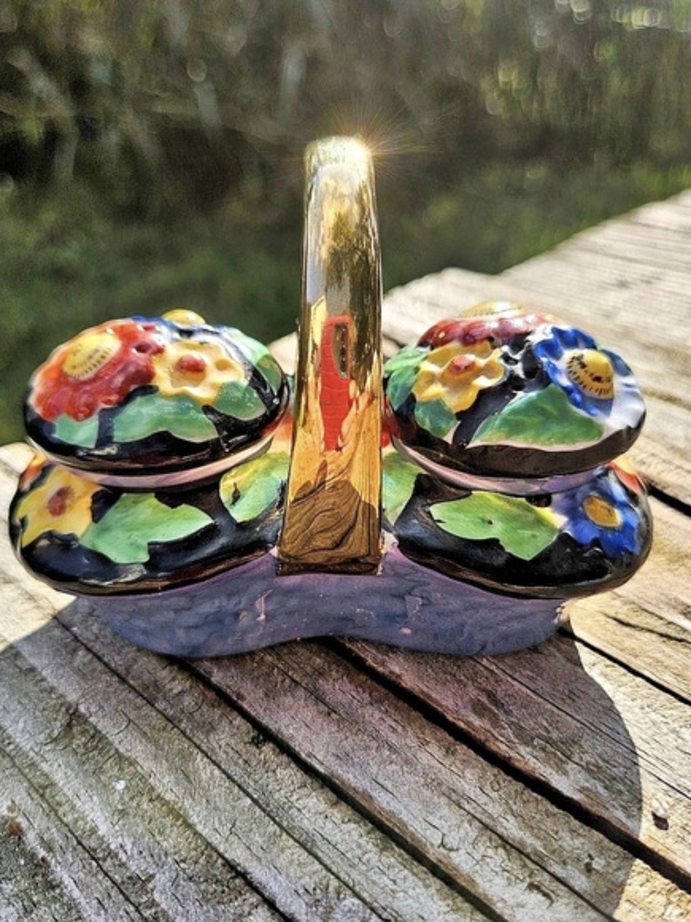 Chikuramachi Floral Ceramic Salt And Pepper Shakers Set in Black & Multicolor